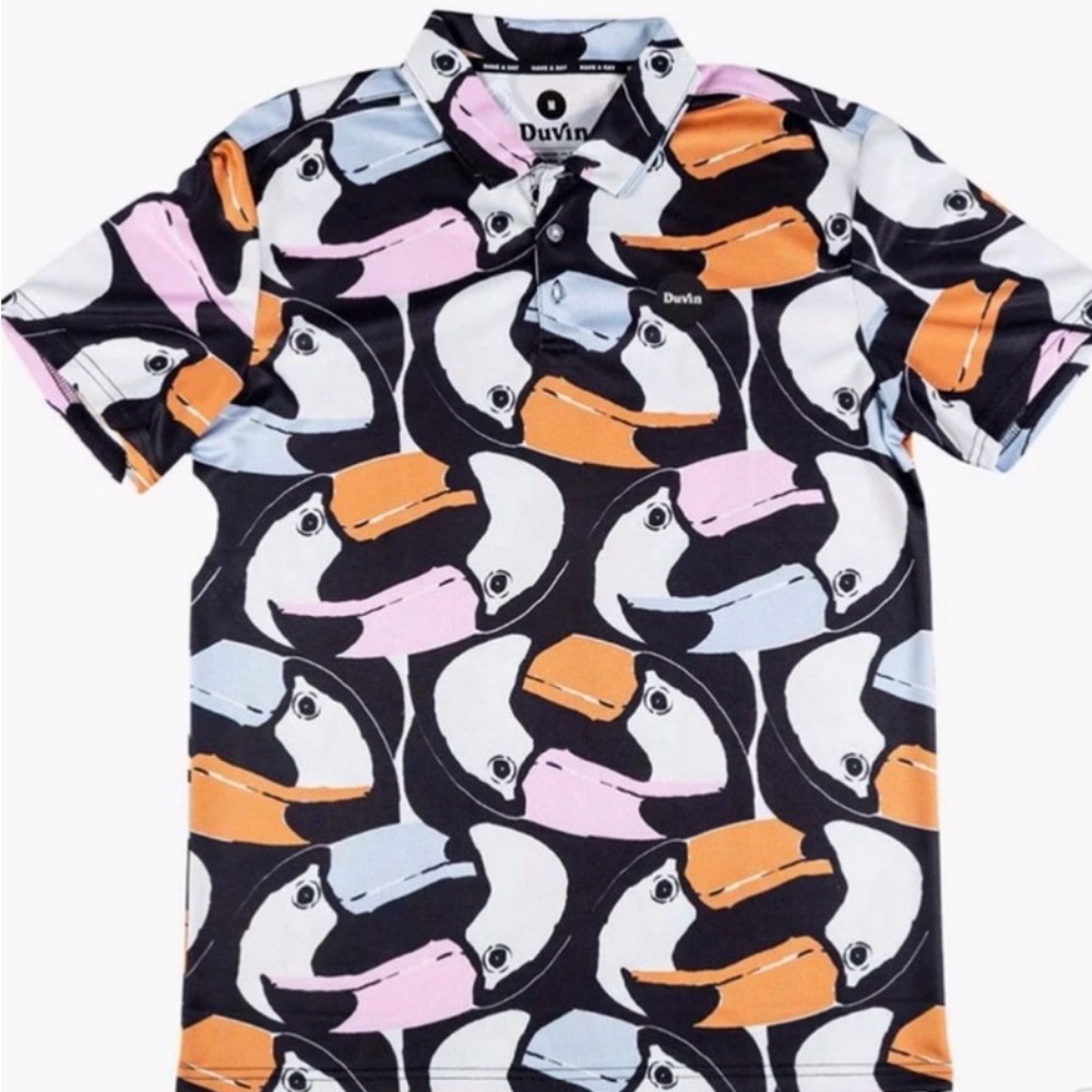 Duvin Design Co. Men's Large Toucan Golf Multicolored Polo Shirt